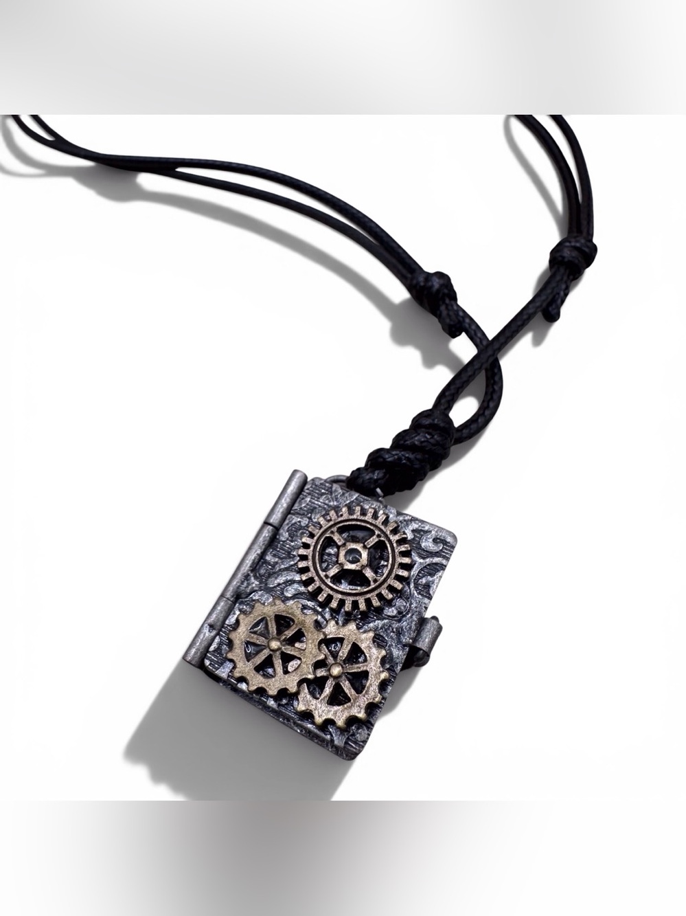 Steampunk Gear booklet necklace in Black and Antiqued Silver